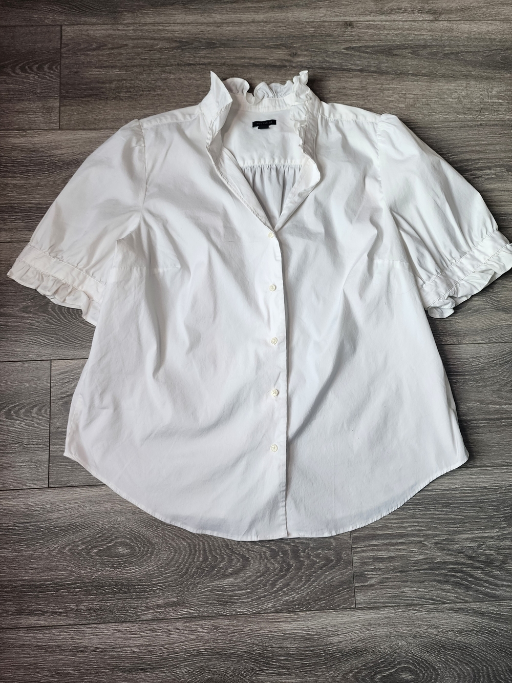 Ann Taylor White Short Puff Sleeve Button Up Blouse w Ruffles Size XL